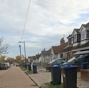 Blue lidded bins presented for collection.