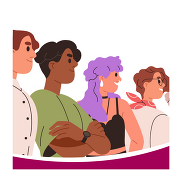 A graphics of a group of people's profile in a line. They are all next to each other looking to the right.