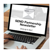 An open laptop on a wooden table. The text on the screen says SEND Partnership Newsletter, keep up to date.