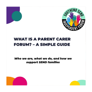 A graphic with colourful dots, the text says "What is a Parent Carer Forum - Simple guide" 