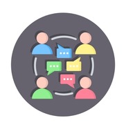 A graphic of people in a circle and speech bubbles in the middle, as if they were in a meeting. 