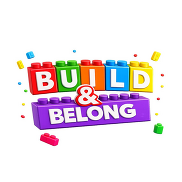Build and Belong logo. Featuring the words in bolds and Lego bricks around it.
