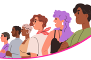 A colourful graphic of a line of different people's profiles.