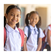 Close up of two school girls standing next to each other. They are smiling at the camera.