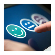 Close-up of a hand using a tablet to complete a survey, with green happy, blue neutral, and purple sad face icons.