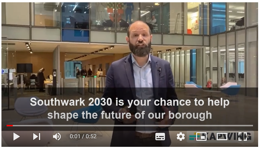 Still image from Councillor Kieron William's video about the Southwark 2030 project