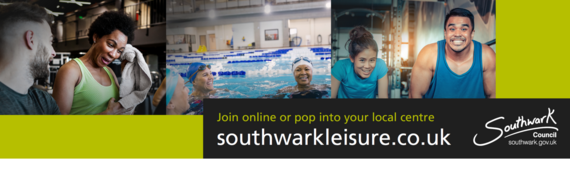 People enjoying leisure centres with web address southwarkleisure.co.uk