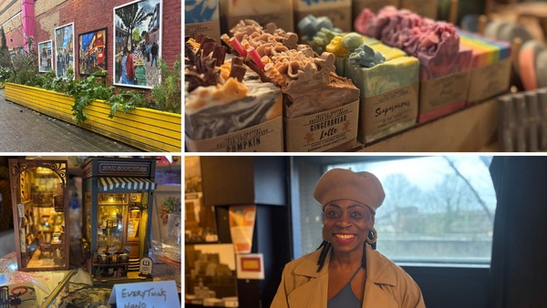 A photo montage with images of street artwork, a shop shelf with handmade soap, a bookstore and a smiling lady in a hat