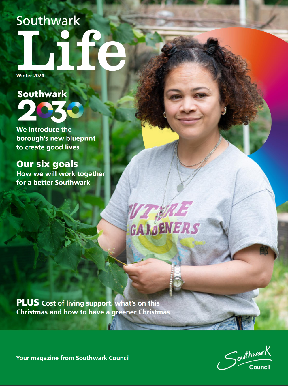 The front cover of Southwark Life Magazine, which features a lady smiling directly to camera in a community garden