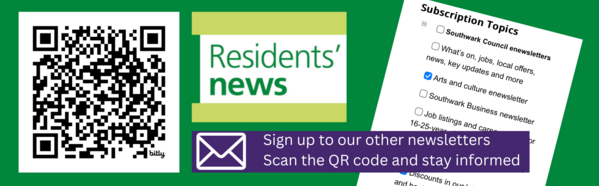 Sign up to Southwark Council email newsletters, showing list of topics and a QR code to scan to subscribe