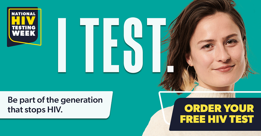 National HIV testing week branded image of a young women calling for people to order a free HIV test