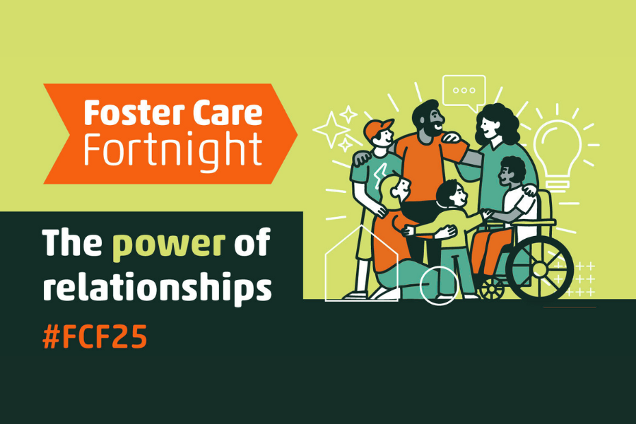 An illustrated image of a family hugging, with supporting text saying 'Foster Care Fortnight'
