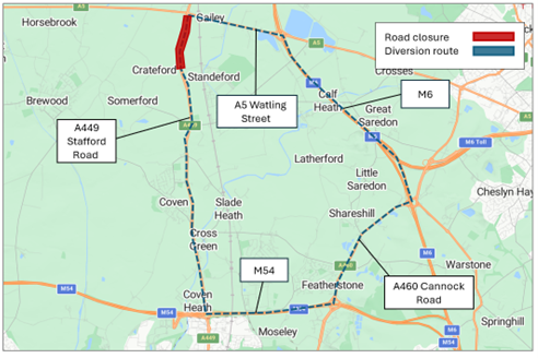 WMI A449 Stafford Road traffic management 18 July 2025