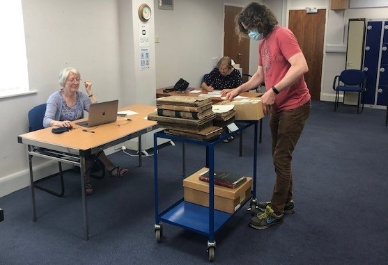 Victoria County History volunteers in the LARC at Staffordshire Record Office
