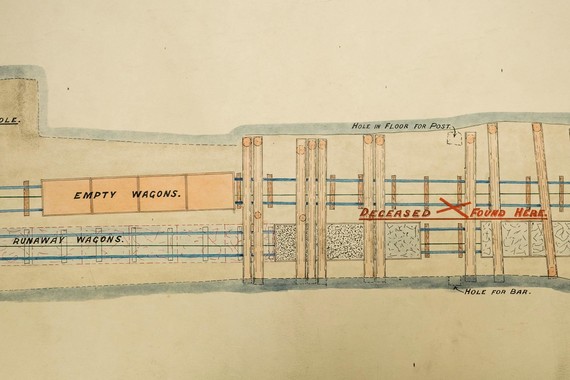 Drawing of railway line showing rails, posts and position of wagons