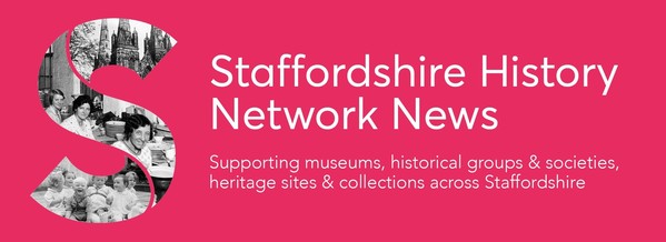 Pink background with large letter S infilled with black and white photographic images and title text Staffordshire History Network