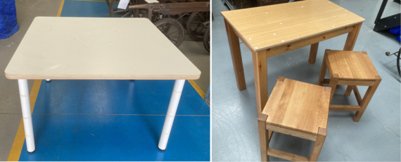 Table and table with two wooden stools