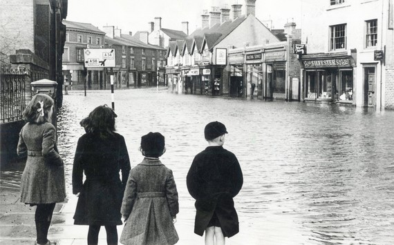 View of flooded streets in Stafford, 1940s