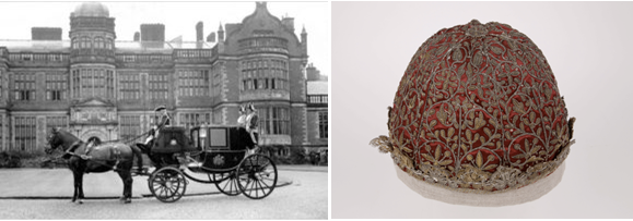 Photograph of State Chariot with horses and footmen at Ingestre. Right - richly embroidered red silk cap with gold and silver thread
