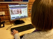 Woman using a Library PC to research family history