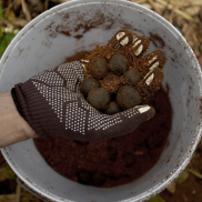 Seed bombs in a gloved hand