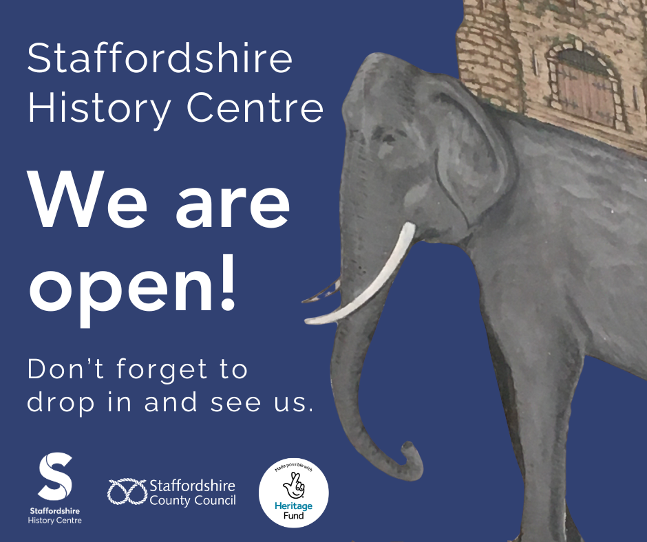 Poster for new History Centre showing illustration of an elephant with a castle on its back - a local Stafford pub sign