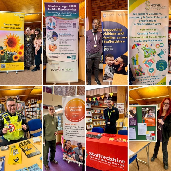 Collage of exhibitors and stands at the Perton information drop-in