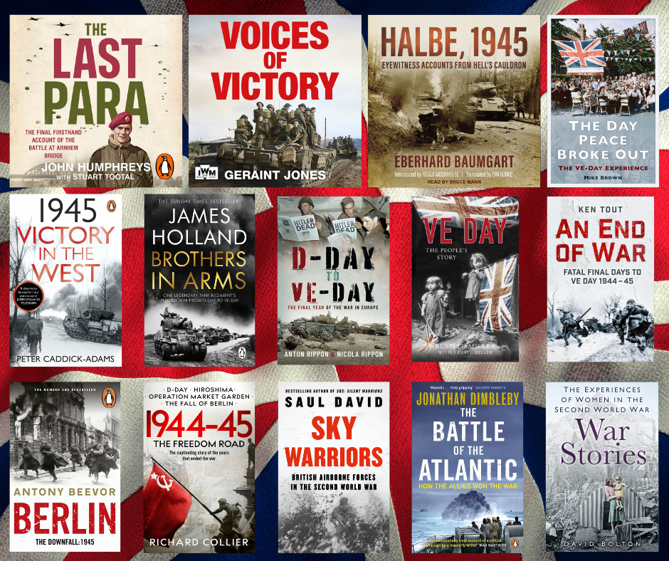 A collage of VE Day book covers of titles available on Borrowbox