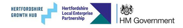 Logos for Hertfordshire Growth Hub, Hertfordshire LEP and HM Government