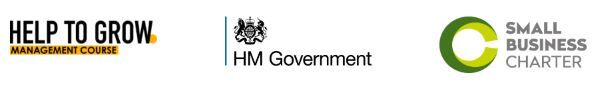 Help to Grow Management course logo and HM Government logo and Small Business Charter logo
