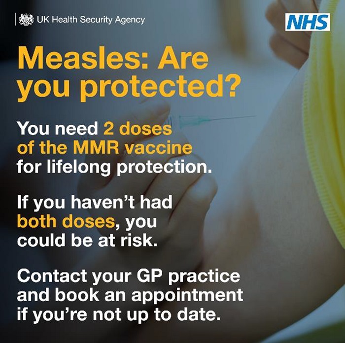 NHS measles advisory poster to check you have both doses of MMR vaccine