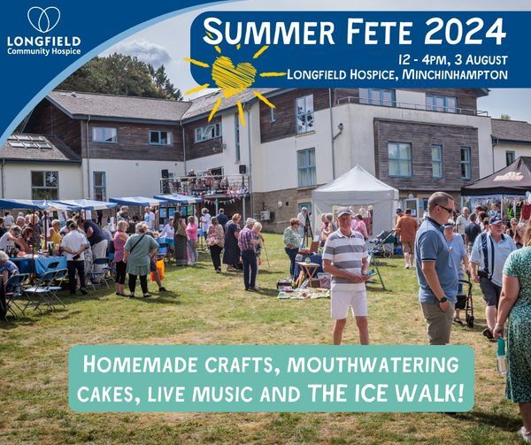 poster advertising Longfield fete. A large photo of a traditional fete in front of a building with stalls. 