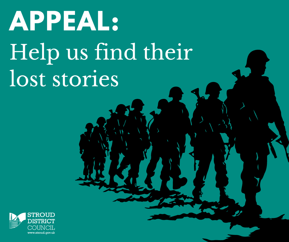 Image shows silhouettes of a line of soldiers marching. Text reads: Appeal: help us find their lost stories. SDC logo. 