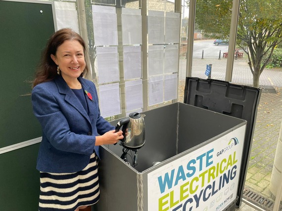 Cllr Chloe Turner with Stroud District Council's WEEE recycling box