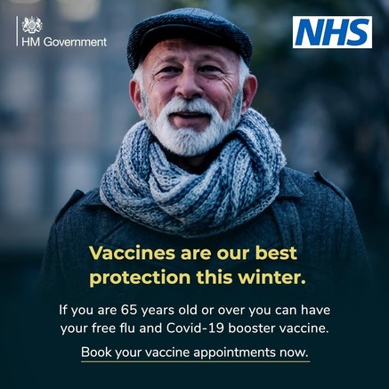 This is an image of an elderly man and a promotional message about taking up COVID-19 and flu vaccines
