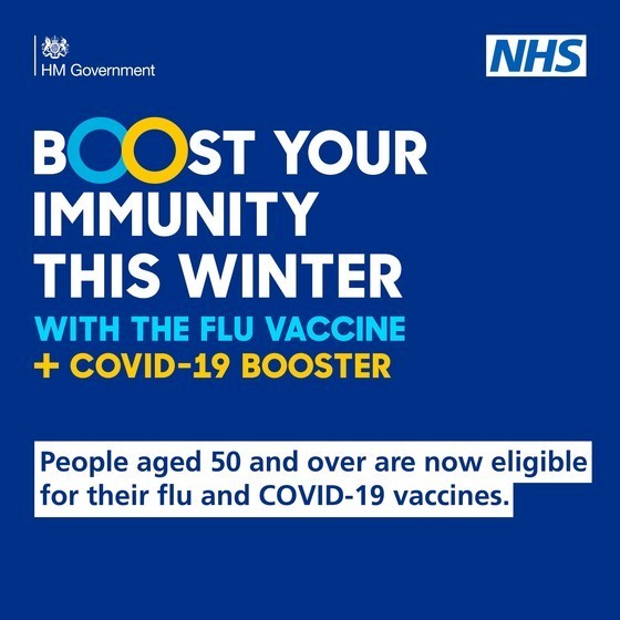 This is a promotional poster encouraging people over 50 to get their Covid and flu vaccines