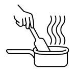 Line drawing of a hand stirring something in a saucepan