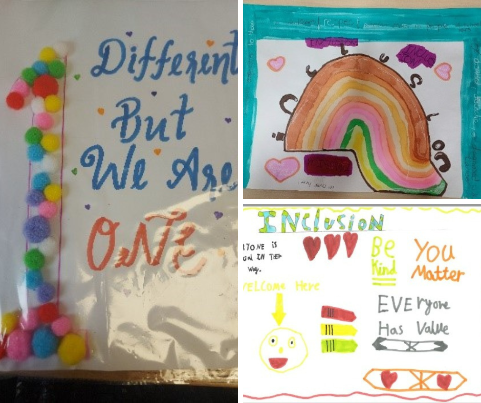 Children's art: 'different but we are 1', a rainbow and the word inclusion and 'inclusion: be kind, you matter'