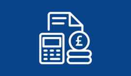 White paper, calculator and pound symbol on blue background (budget)