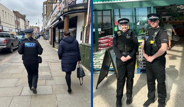 A police officer and a council officer walking, and two officers standing in front of a store
