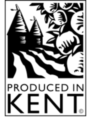 Produced in Kent logo which shows a couple of Oast Houses and fruit growing on a tree.