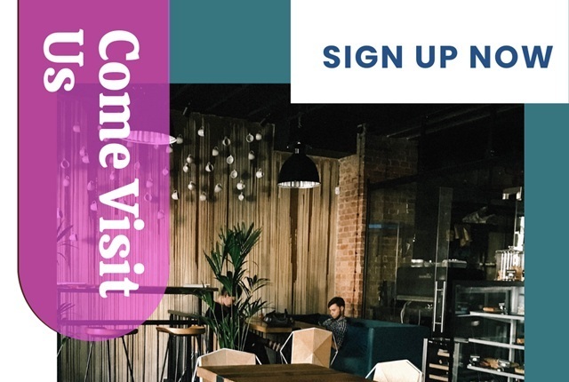 Photograph of a man sitting in a cafe with the words 'come visit us' and 'sign up now' at the sides of the image.