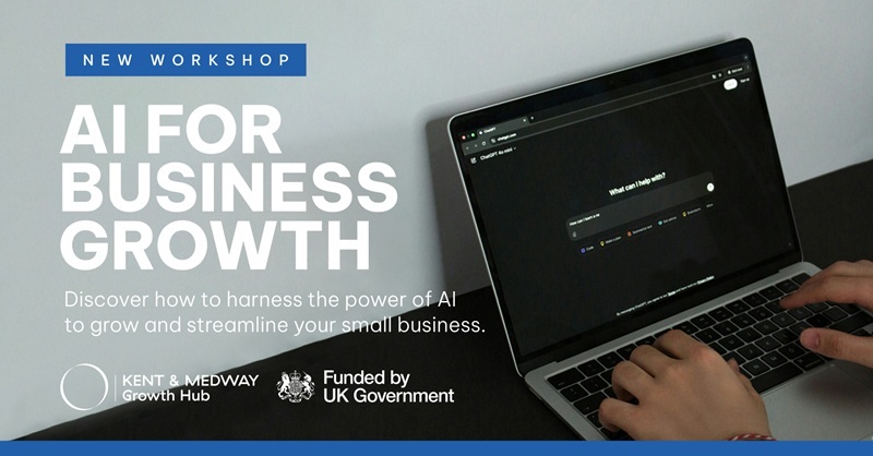 New workshop: AI for business growth. Discover how to use AI to grow your small business. Logos for KMGH and funded by UK government.