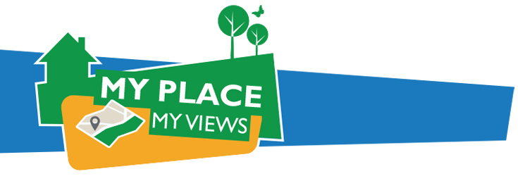 My Place, My Views banner with green house, blue background and image of a map