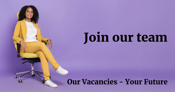 Our Vacancies - Your Future. Woman in a yellow chair on a purple background.