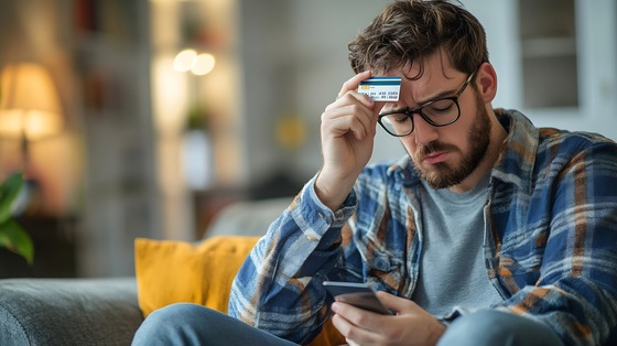 A person sitting on a couch, looking at a smartphone with concern, holding a credit card against their forehead.