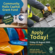 Community Halls Capital Grant Fund with images of a new roof, projector and colourful chairs and how to apply