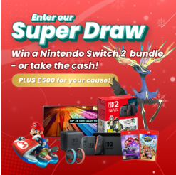 SeaMoor Lotto Super Draw competition details next to a bundle of gifts including a TV and Nintendo switch 2.