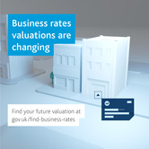 Business rates valuations are changing title in blue set on a white graphical street drawing background with link to gov.uk website