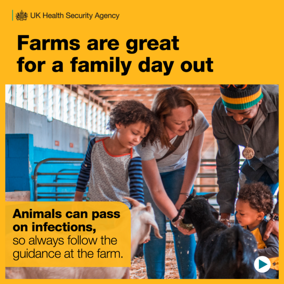 Family at a farm with text advising to wash hands and follow farm guidance